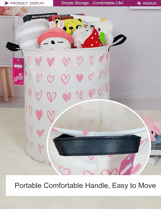 Laundry Hamper Large Canvas Fabric Lightweight Storage Basket/Toy Organizer/Dirty Clothes Collapsible Waterproof for College Dorms, Boys and Girls Bedroom,Bathroom(Pink hearts) - Image 5