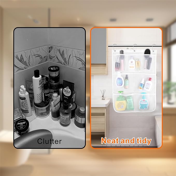Mesh Shower Caddy Hanging, 7 Pockets Hanging Bathroom Organizer with Quick Dry Mesh, Portable, Can Store Soap, Loofah Shampoo and Cruise Ship Essentials, 17 Inch by 26 Inch, White, 2 Pack - Image 4