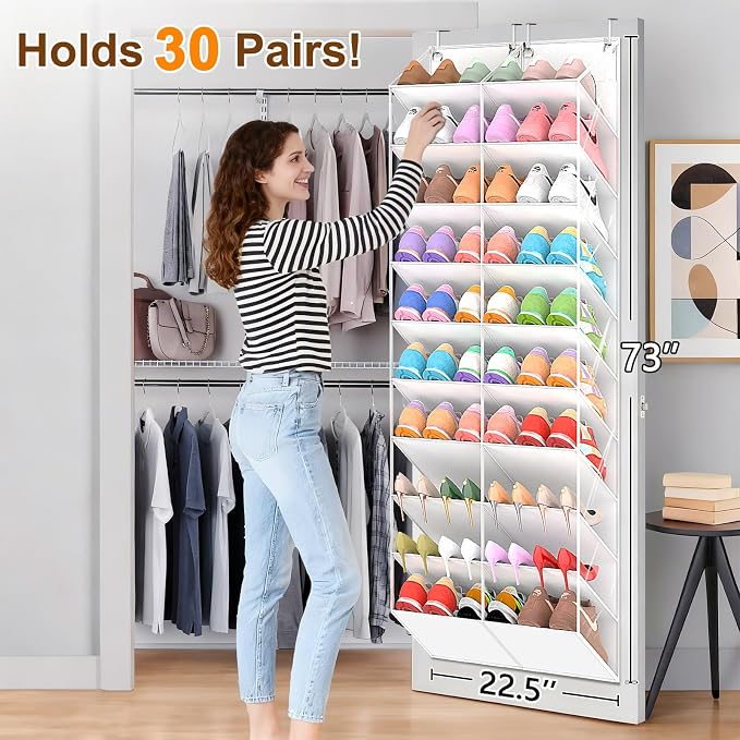 UVIAHOMI 20-30 Pairs Over the Door Shoe Organizer, Clear Pockets Hanging Shoe Storage for Closet, 10-Tier Door Shoes Rack, Handing Shoes Holder Fit All the Family's Sneakers, Boots, Heels, White - Image 2