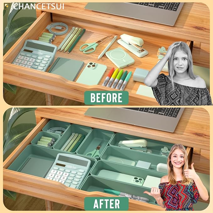CHANCETSUI 9 Pcs Stackable Drawer Organizer Trays Set, Green, Multifunctional Storage for Vanity, Bathroom, Kitchen, Desk Drawer Organizer Office, PET Plastic - Image 6