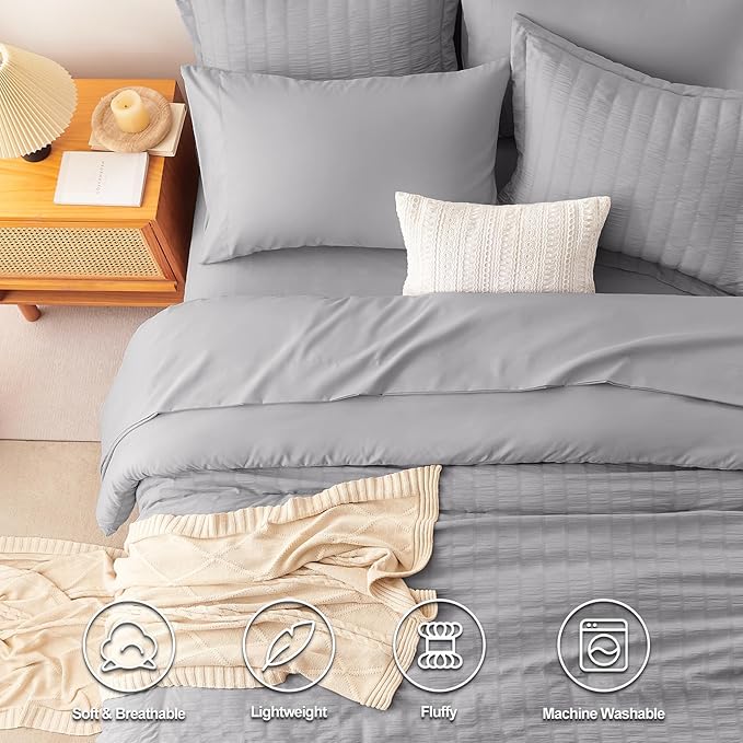 CozyLux Full Size Comforter Sets with Sheets 7 Pieces, Grey Seersucker Bed in a Bag Textured Luxury Soft Bedding Set with Down Alternative Comforter, Sheets, Pillowcases & Shams for All Season, Gray