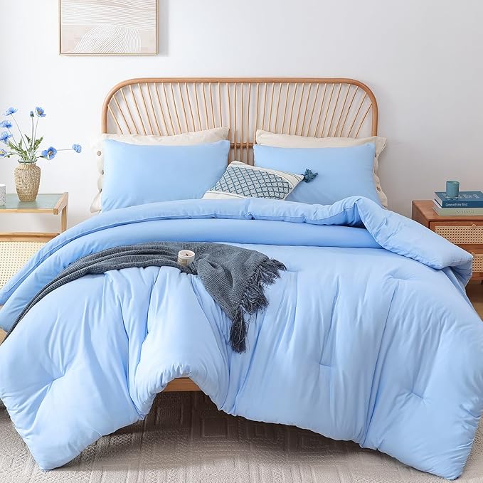 ROSGONIA Full Size Comforter Sets for Girls Boys Kids Light Blue, 3pcs Comforter Full Size (1 Comforter & 2 Pillowcases) Lightweight Dorm Bedding Sets