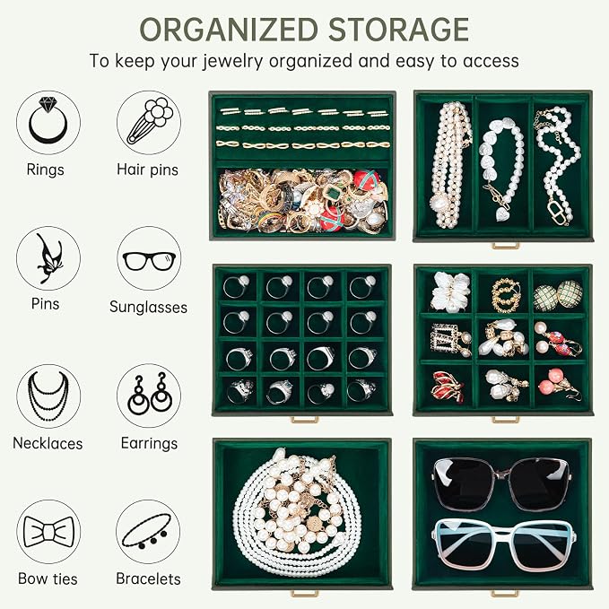 AKOZLIN 6-Tier Jewelry Box Organizer Functional 5 Drawers Leather Jewelry Storage Case for Women Girls Ring Necklace Earring Bracelet Holder Organizer with Mirror Dark Green - Image 4