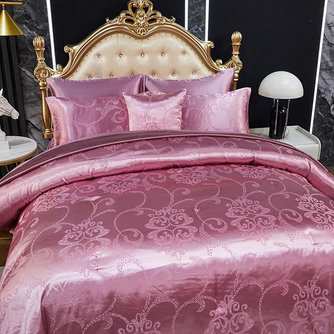 Elegant Jacquard King Comforter Set Satin Sheet Set Pink Bedding Set 8 Pcs Vintage Neoclassical Floral Bed Home Decor Soft Down Comforter Luxury Hotel Silky Bed in a Bag with 1 Cushion Cover