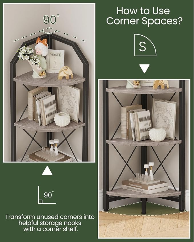 CHOEZON 3-Tier Corner Shelf, Industrial Corner Bookshelf, 35.4" Storage Stand, Plant Stand Display Shelf, Bookcase for Bedroom, Living Room, Home Office, Greige and Black TCJ03BG - Image 3