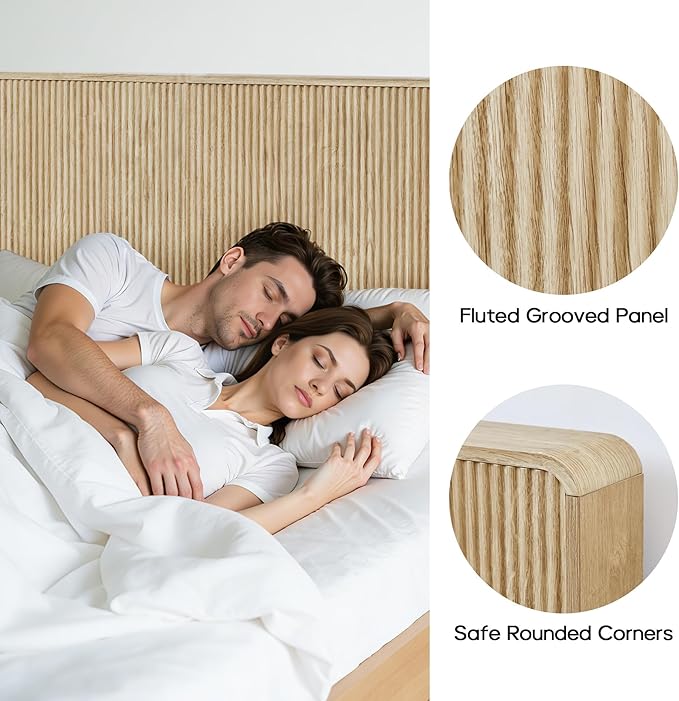 AVZEAR Fluted Headboard Queen Size, Modern Boho Queen Headboard Only, Wood Wall Mounted Headboard with 2 Outlets and USB & Type C Port, Curved Wooden Bed Headboards Bedroom Decor, Natural