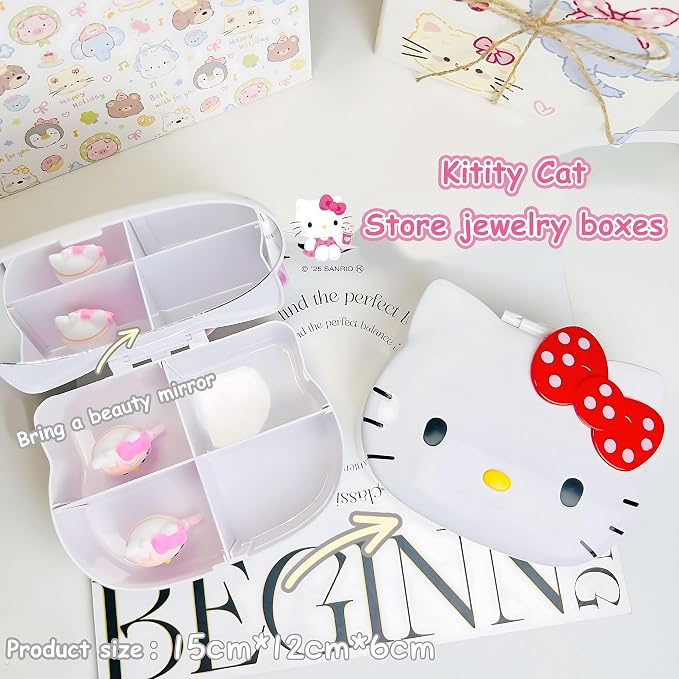 FUAN Kitty jewelry Box Cute Jewelry Anime Kitty Portable Travel Jewelry Case Cartoon Kawaii Jewelry Box For Women Jewelry Charms Kids Jewelry Box Anime Cat Jewelry Case With Mirror - Image 2