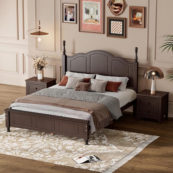 Harper & Bright Designs 3-Piece Full Bedroom Set, Walnut Full Size Wood Platform Bed with 2 Nightstands, Retro Design, Easy to Assemble