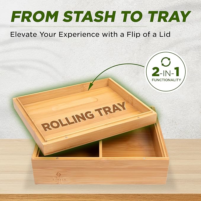 Subtle Rolling Tray Stash Box - Large Bamboo Box w/Ample Storage Space to Organize Herb Accessories - Comes with Convertible Rolling Tray Lid - (10" x 8" x 3.5") - Image 3