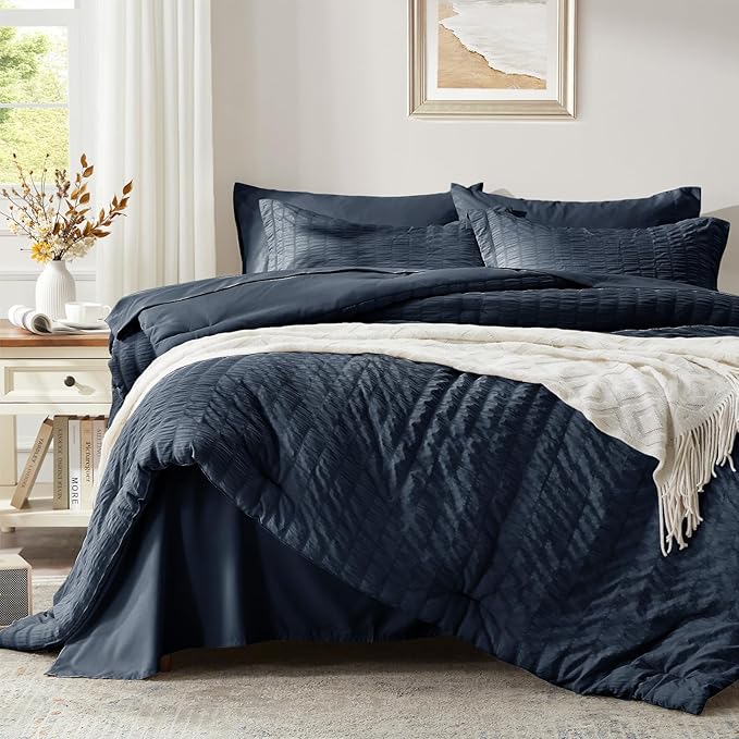 Zzlpp King Comforter Set 7 Pieces, Navy Blue Seersucker Bed in a Bag with Comforter, 2 Pillow Shams, 2 Pillowcases, 1 Flat Sheet, 1 Fitted Sheet