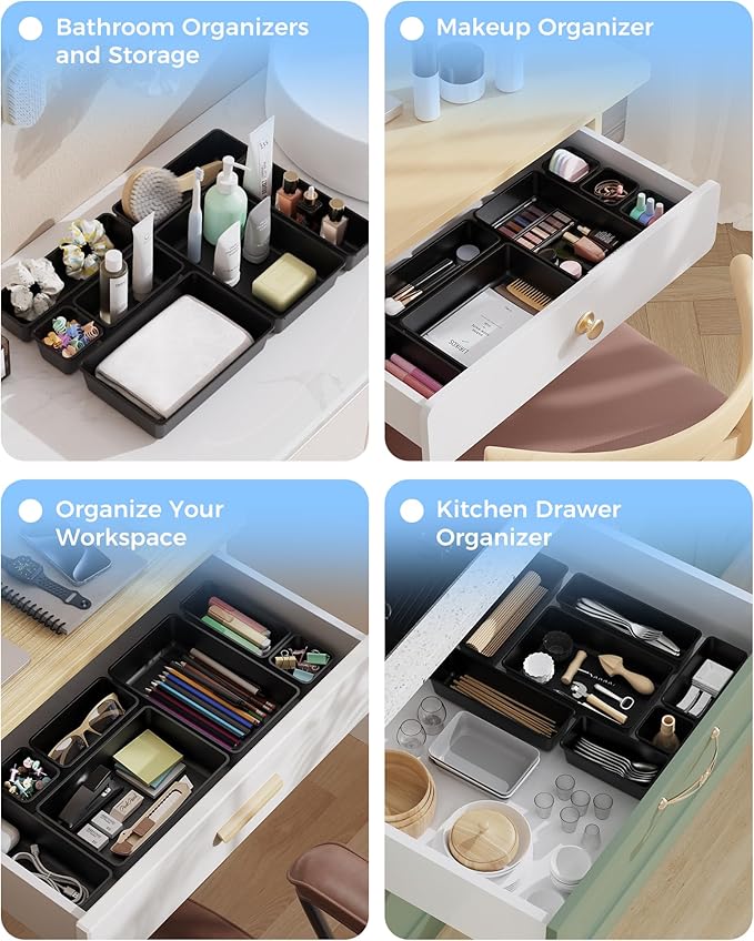 BiuLeon 25 PCS Plastic Drawer Organizers Set, 4-Sizes Vanity and Makeup Organizer, Desk and bathroom Drawer Organizer Trays, Organizers and Storage for Makeup, Jewelry, Gadgets, Utensils (Black) - Image 7