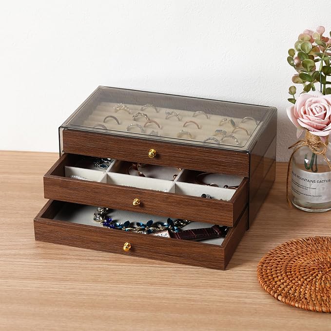 CLUQMEIK 3-layer Wooden Drawer Jewelry Organizers and Storage Box with Grey Acrylic Lid and Velvet Lining, Jewelry Box for Women and Girls to Store Rings Earrings Bracelets Necklaces - Image 7