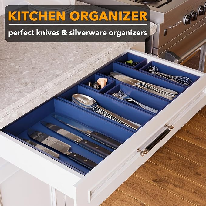 SpaceAid 7-Piece Bamboo Drawer Organizer Storage Boxes Set, Wood Tray Junk Drawer Organizers Multi-Use Divider Bins for Kitchen, Bathroom, Office Desk and Makeup Organization (7 Pack, Navy Blue) - Image 4