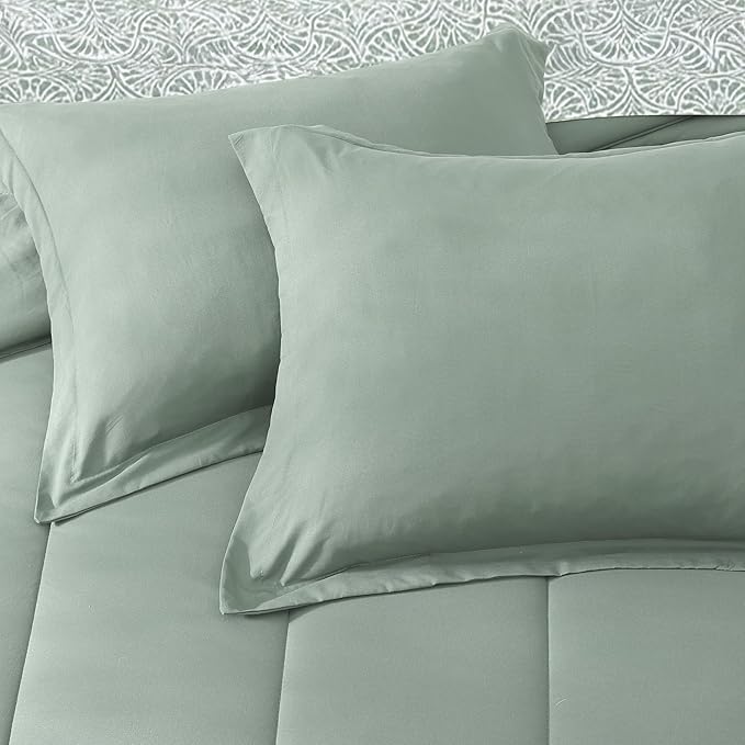 Monbix Queen Comforter Set - 7 Pieces Sage Green Bed in a Bag Queen Track Stitching Bedding Sets, All Seasons Comforter Bed Set with Sheets, Pillowcases & Shams