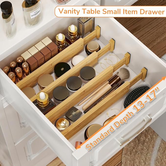 BAMEOS Drawer Divider,Expandable Bamboo Separators Adjustable Utensil Knife Fork Tool Kitchen Organizer, Clothes Fabric Drawer Organizer In Bathroom Bedroom Office, Cabinet Dresser Organizer 4-pack - Image 5