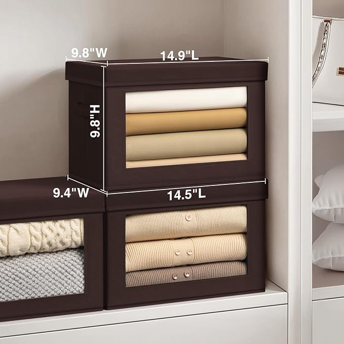 Homsorout Collapsible Storage Bins with Clear Window - Clothes Organizers and Storage, Decorative Boxes with Lid, Fabric Storage Cube, Storage Baskets for shelves, Yarn, Home, Brown, 4-Pack - Image 2