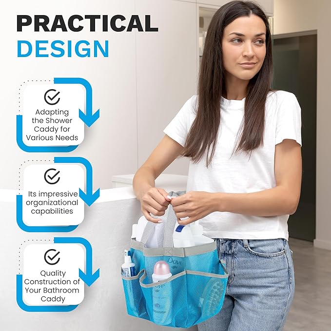 Handy Laundry Mesh Shower Caddy - 7 Pocket Portable Bathroom Organizer Tote for Travel, Gym & Dorm - Collapsible Small Shower Caddy Bag to Hold Toiletries & Essentials (Blue) - Image 4