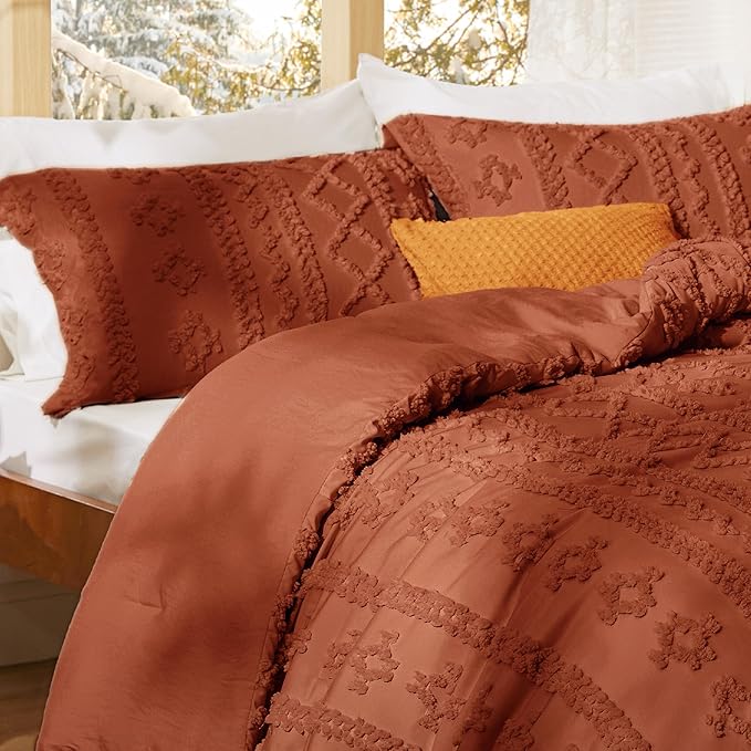 Bedsure Tufted Boho Comforter Set King Size - Terracotta Boho Bed Set, GentleSoft™ 3 Pieces Farmhouse Shabby Chic Embroidery Bedding, Gifts for Woman, Soft Jacquard King Comforter for All Seasons