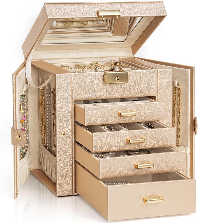 AKOZLIN 5-Tier Jewelry Box Leather Jewelry Storage Organizer with 4 Drawers Lockable for Women Girls Ring Necklace Earring Bracelet Watches Holder with Mirror Champagne by AKOZLIN