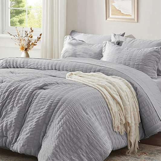 Zzlpp King Comforter Set 7 Pieces, Light Grey Seersucker Bed in a Bag with Comforter, Pillow Shams, Pillowcases, Flat Sheet, Fitted Sheet