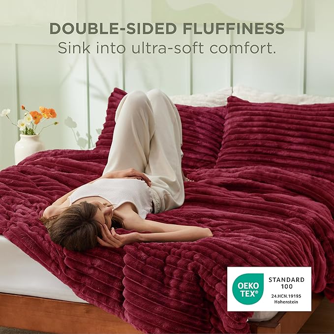 Bedsure Full Size Comforter Sets - GentleSoft™ 3 Pieces Double-Side Fleece Fluffy Dark Red Comforter Set, Cozy Striped Room Decor Aesthetic, Luxury Full Size Bedding, 2 Pillowcases, 82x86 Inches