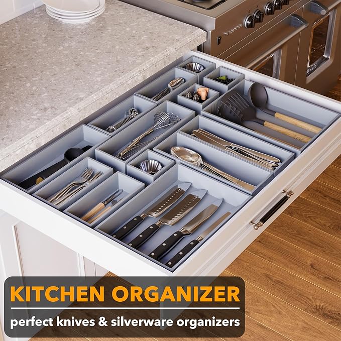 SpaceAid 14-Piece Bamboo Drawer Organizer Storage Boxes Set, Wood Tray Junk Drawer Organizers Multi-Use Divider Bins for Kitchen, Bathroom, Office Desk and Makeup Organization (14 Pack, Gray) - Image 4
