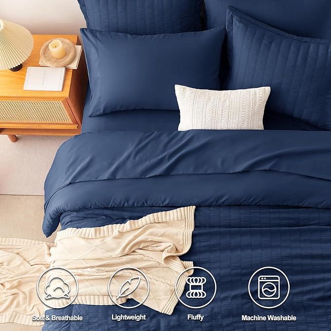 CozyLux Queen Comforter Set Navy Blue Seersucker 7 Pieces Bed in a Bag Queen Comforter Set with Sheets, Luxury Bedding Sets with Down Alternative Comforter, Sheets, Pillowcases & Shams for All Season