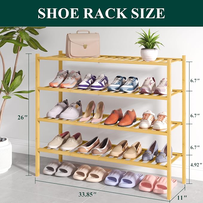 Smiry Bamboo Shoe Rack for Closet, 4 Tier Long Wooden Stackable Shoe Organizer, Free Standing Shoes Storage Shelf for Entryway, Front Door Entrance, Natural - Image 2