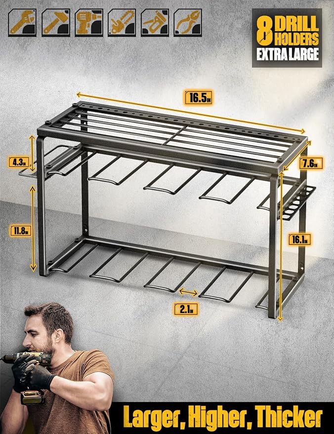 Spampur Power Tool Organizer, 8 Drill Holders Wall Mount, 3 Layer Heavy Duty Metal Storage for Garage Organization, Tools Storage with Hooks, Screwdriver Hammer Holder, Father's Day Mens Birthday Gift - Image 3