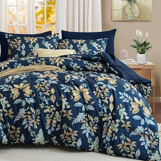 Cottolester Navy Blue Comforter Set Full Size Floral 7-Piece Bedding Set,Botanical Comforter Set with Pillowcases,Soft Microfiber Complete Bedding Sets for All Season