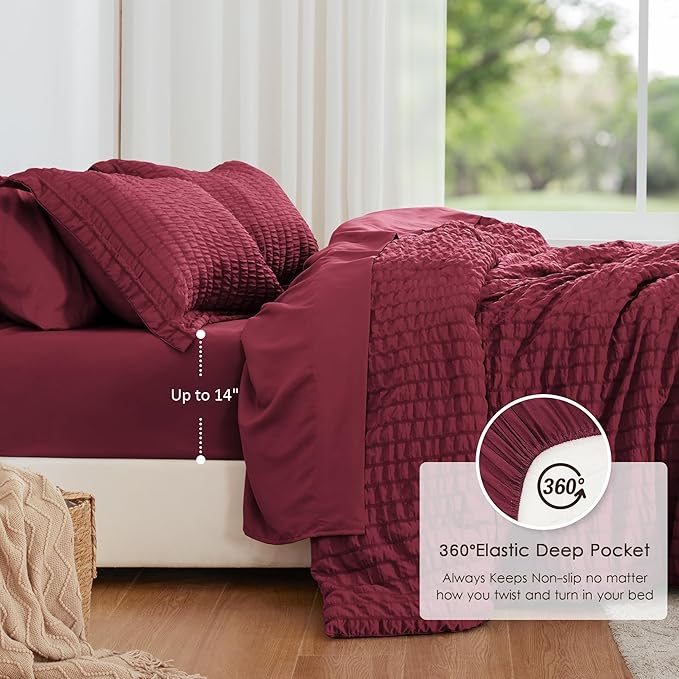 Love's cabin Seersucker Burgundy Twin Comforter Set, 5-Piece All Season Lightweight Bed in a Bag Bedding Set with Comforter, Flat Sheet, Fitted Sheet, Pillowcase and Sham | Soft, Breathable, Lightweight