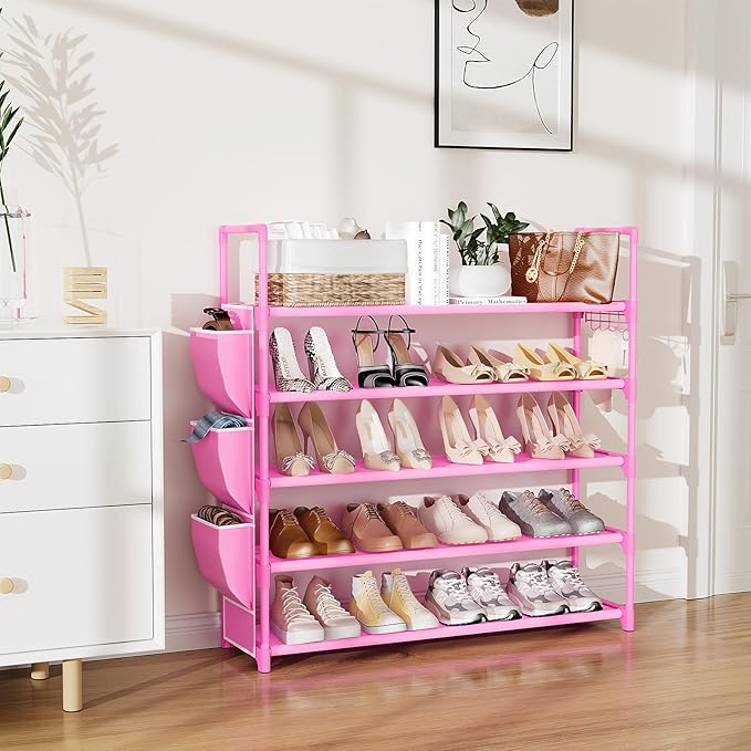 VILICK Shoe Rack for Closet Shoe Organizer Space Saver Storage for 20-25 Pair Shoe Shelf with Hook and Side Pocket Free Standing 5 Tier Shoe Rack Organizer for Entryway,Small Spaces, Pink - Image 2