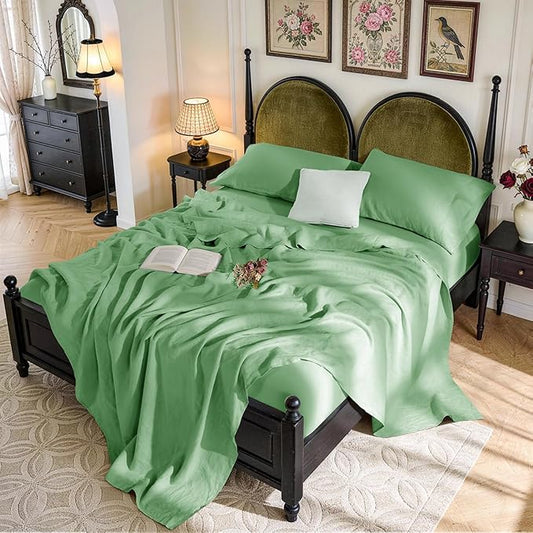 SONORO KATE 100% French Pure Linen Sheets, Breathable and Durable Linen King Size Sheets, Anti-Tear Linen Bed Sheets, Machine Washable, 16 Inch Deep Pocket - 4 Piece (Green, King)