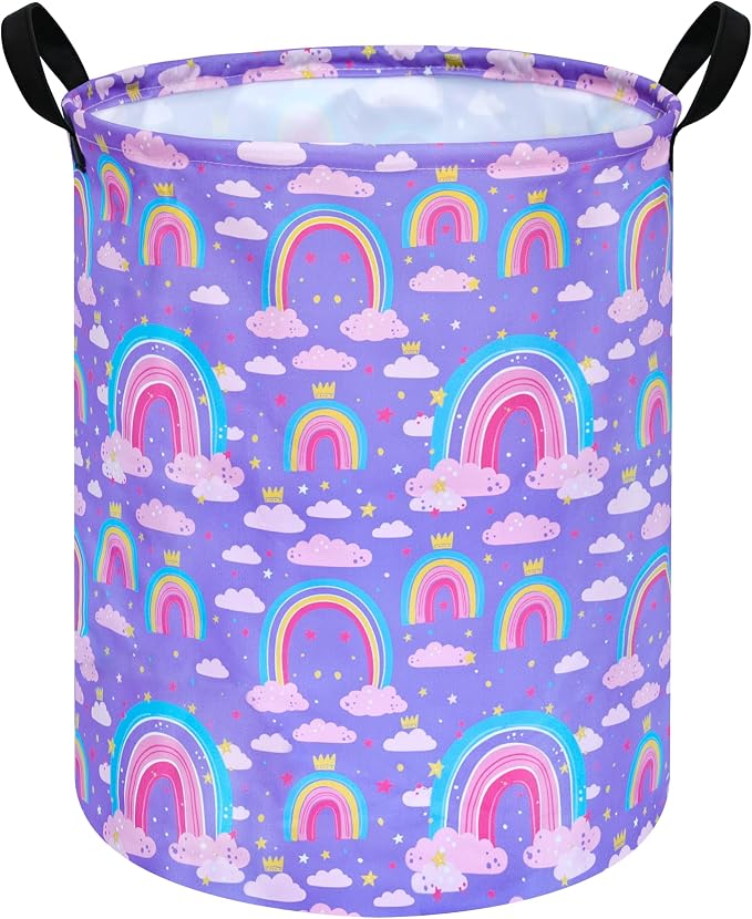 Collapsible Kids Laundry Basket Clothes Hamper, Foldable Storage Organizer Bin, Toy Clothes Storage with Handles for Boys Girls Bedroom, Room Decor Purple Rainbown by Unknown