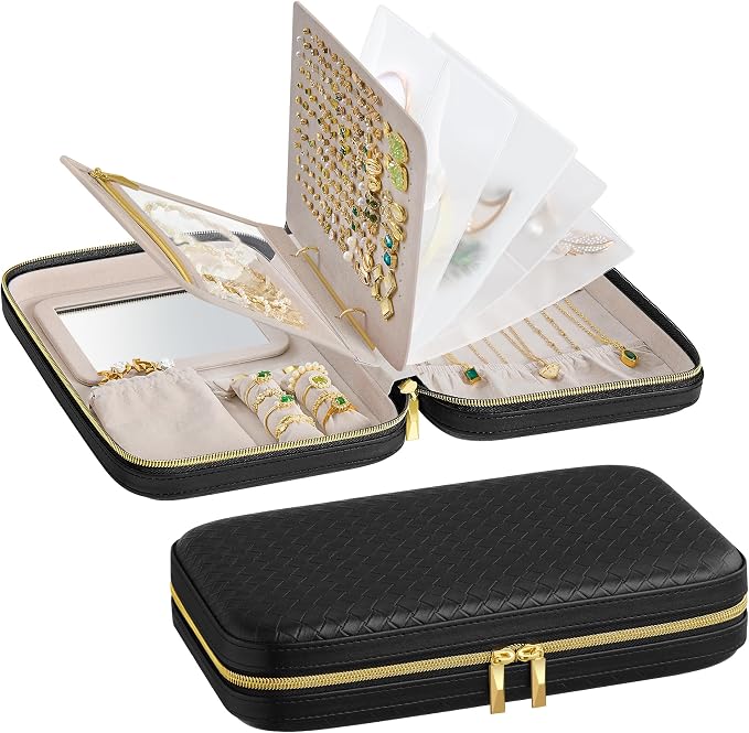 SONGMICS HOME Travel Jewelry Case, Jewelry Organizer Box with Mirror, Jewelry Pouch, Woven Embossed PU Leather, Hard Shell, Large Capacity, Gift Idea, Ink Black UJBC204B01 by SONGMICSHOME