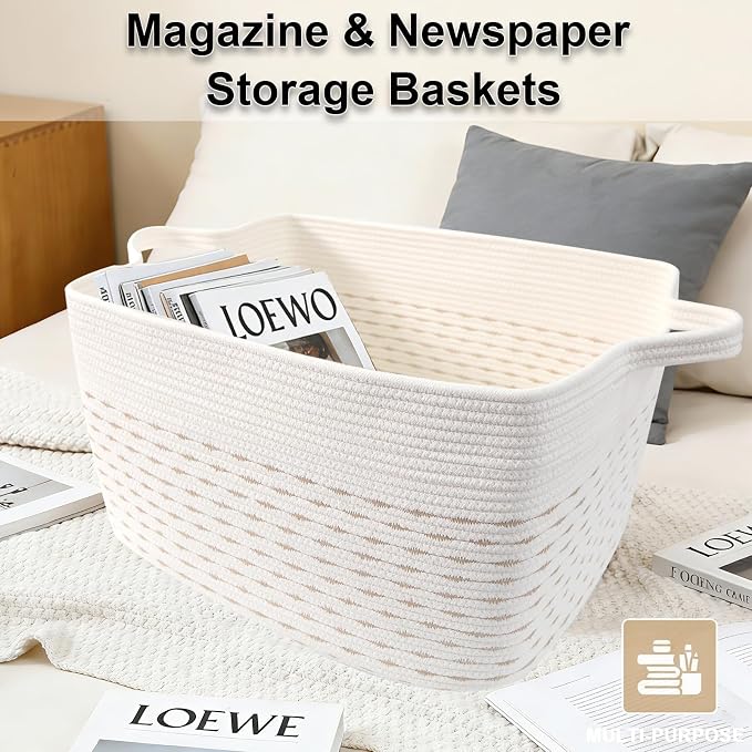 96L Large Blanket Basket,24"x16"x15"Rectangle Storage Bin with Handles,Woven Rope Laundry Basket for Toys, Clothes,Magazines,Home Organization,Nursery,Living Room & Bedroom,White&Yellow - Image 5