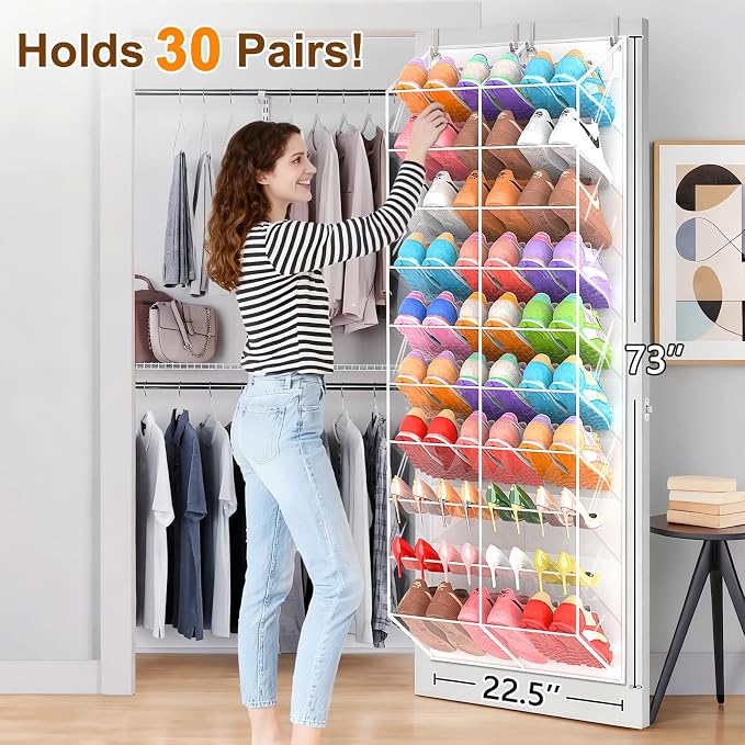 20-30 Pairs Over the Door Shoe Organizer, Transparent PVC Hanging Shoe Rack for Closet, 10-Tier Door Shoes Storage, Crystal-Clear Visibility Fit All the Family's Sneakers, Boots, Heels, White Frame - Image 2