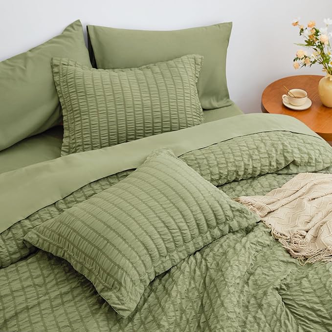 Love's cabin Seersucker Sage Green Twin XL Comforter Set, 5-Piece All Season Lightweight Bed in a Bag Bedding Set with Comforter, Flat Sheet, Fitted Sheet, Pillowcase and Sham | Soft, Breathable, Lightweight