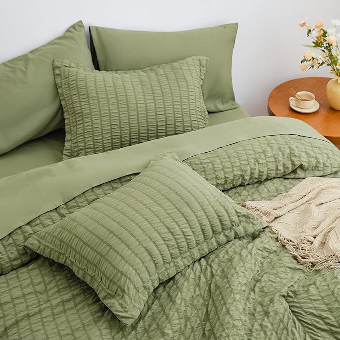 Love's cabin Seersucker Sage Green Twin Comforter Set, 5-Piece All Season Lightweight Bed in a Bag Bedding Set with Comforter, Flat Sheet, Fitted Sheet, Pillowcase and Sham | Soft, Breathable, Lightweight