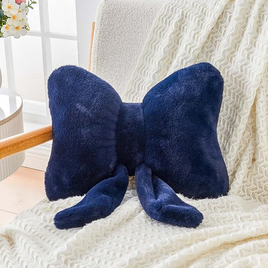 XVTRU Navy Bow Pillow, Soft Bow Decorative Pillows with Faux Rabbit Fur, Cute 12" Bow Throw Pillows, Aesthetic Home Decor Bow Shaped Plush Pillow for Bedroom Sofa Couch