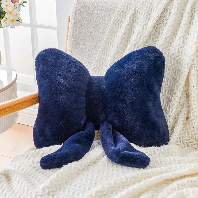 XVTRU Navy Bow Pillow, Soft Bow Decorative Pillows with Faux Rabbit Fur, Cute 16" Bow Throw Pillows, Aesthetic Home Decor Bow Shaped Plush Pillow for Bedroom Sofa Couch