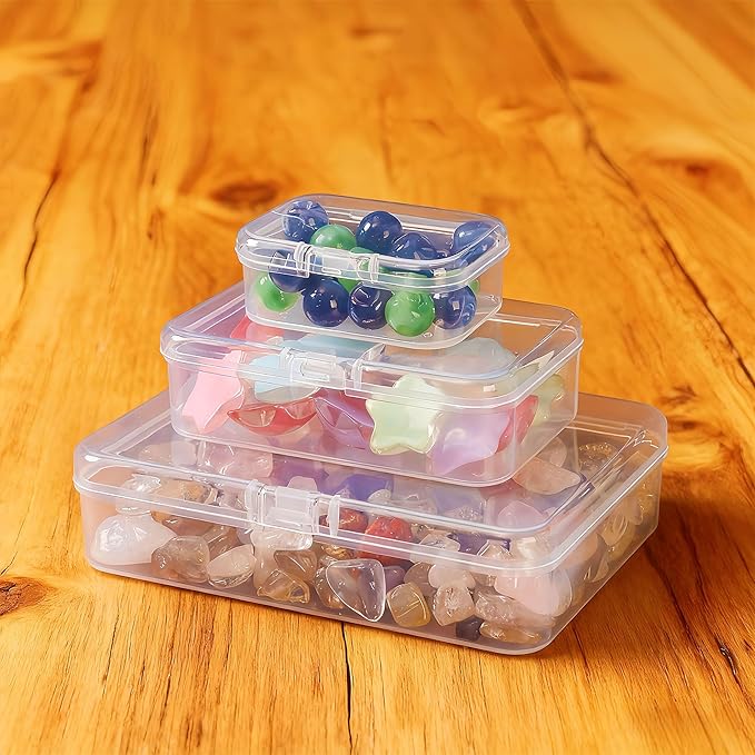LJY 28-Piece Plastic Storage Containers with Lids (3 Assorted Sizes), Rectangular Organizer Box Set Clear Organizer Bins for Beads & Jewelry Findings, Instant Visibility, Transparent