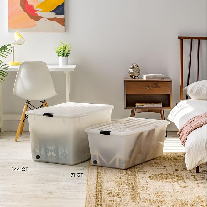 IRIS USA 144 Qt Stackable Plastic Storage Bins with Lids, 3 Pack - BPA-Free, Discreet Organizing Solution, Latches, Durable Nestable Containers, Secure Pull Handle, Made in USA - Pearl - Image 3