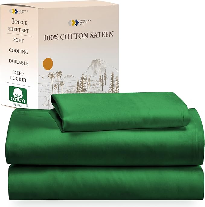 California Design Den Twin XL Bed Sheets Set - Natural 100% Cotton Sheets with 12" Pockets, Soft Sateen Weave, Breathable and Durable Bedding Set for Dorm Rooms, College (Emerald Green)