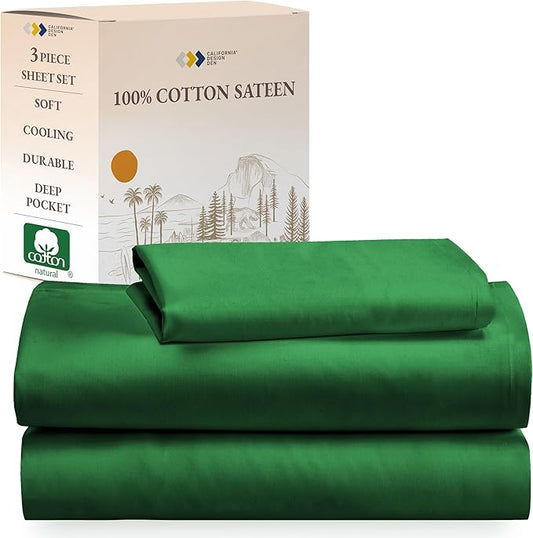 California Design Den Twin XL Bed Sheets Set - Natural 100% Cotton Sheets with 12" Pockets, Soft Sateen Weave, Breathable and Durable Bedding Set for Dorm Rooms, College (Emerald Green)