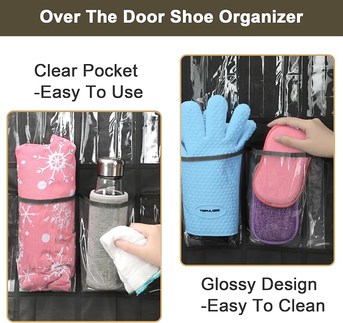 Over the Door Shoe Organizer - Space Saving Shoe Rack for Closet Door with 24 Crystal Clear Pockets and Metal Hooks, Shoe Holder Back of Door Organizers for Shoes, Hanging Shoe Organizer (Black) - Image 7