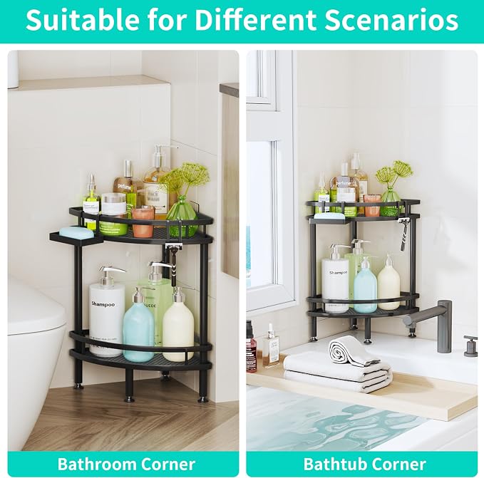 HapiRm Standing Corner Shower Caddy - 2 Tier Shower Organizer Corner with Soap Holder and 2 Hooks, Rustproof Bathroom Storage Shelves with Adhesives, Black - Image 5