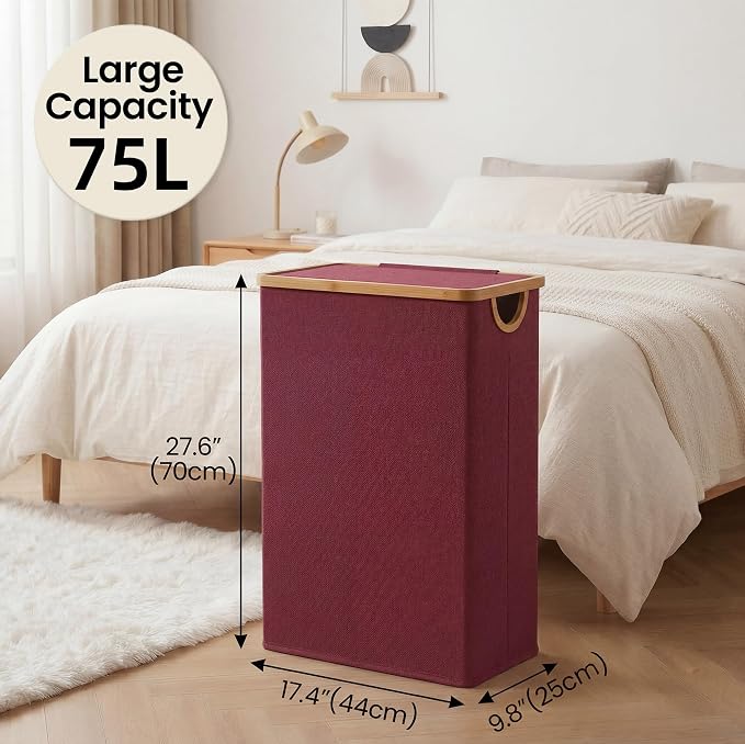 efluky Slim Laundry Basket with Lid, Narrow Laundry Hamper with Removable Bag, Skinny Dirty Clothes Basket with Bamboo Handles for Bathroom, Bedroom & Laundry Room, 75L Burgundy - Image 4