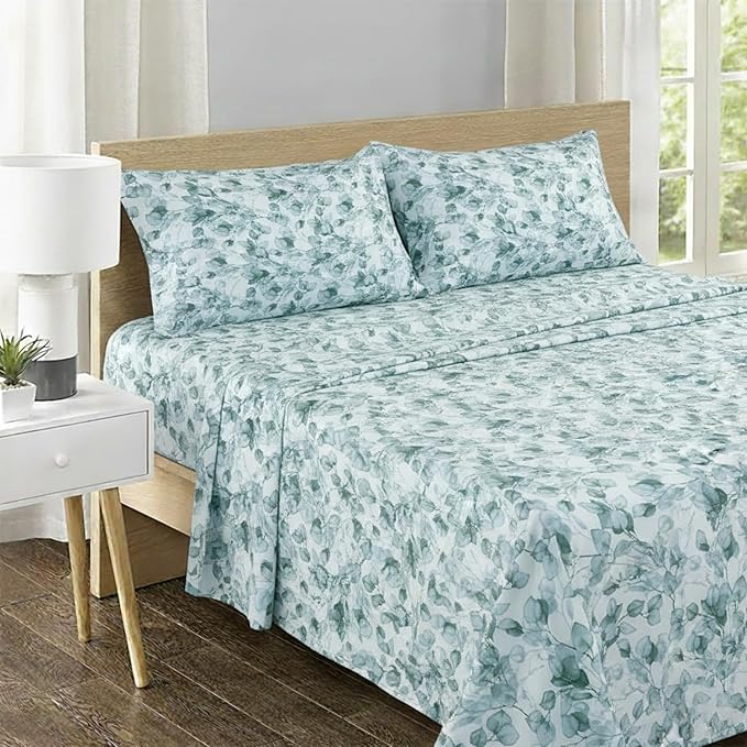 Feather & Stitch Printed 500 TC King Size 4pc Damask Bed Sheet Set, 100% Soft Cotton Breathable Bedsheets, 18" Deep Pockets Sateen Weave Striped Bedding Mattress Resort Hotel Luxury Decor - Green Leaf