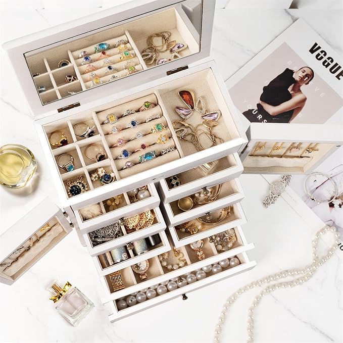 Emfogo Jewelry Box for Women Wooden Jewelry Boxes & Organizers 5-Layer Rustic Large Jewelry Organizer Box with Mirror & 8 Drawers for Rings Earrings Necklaces Bracelets Women Girls Gifts - Image 4